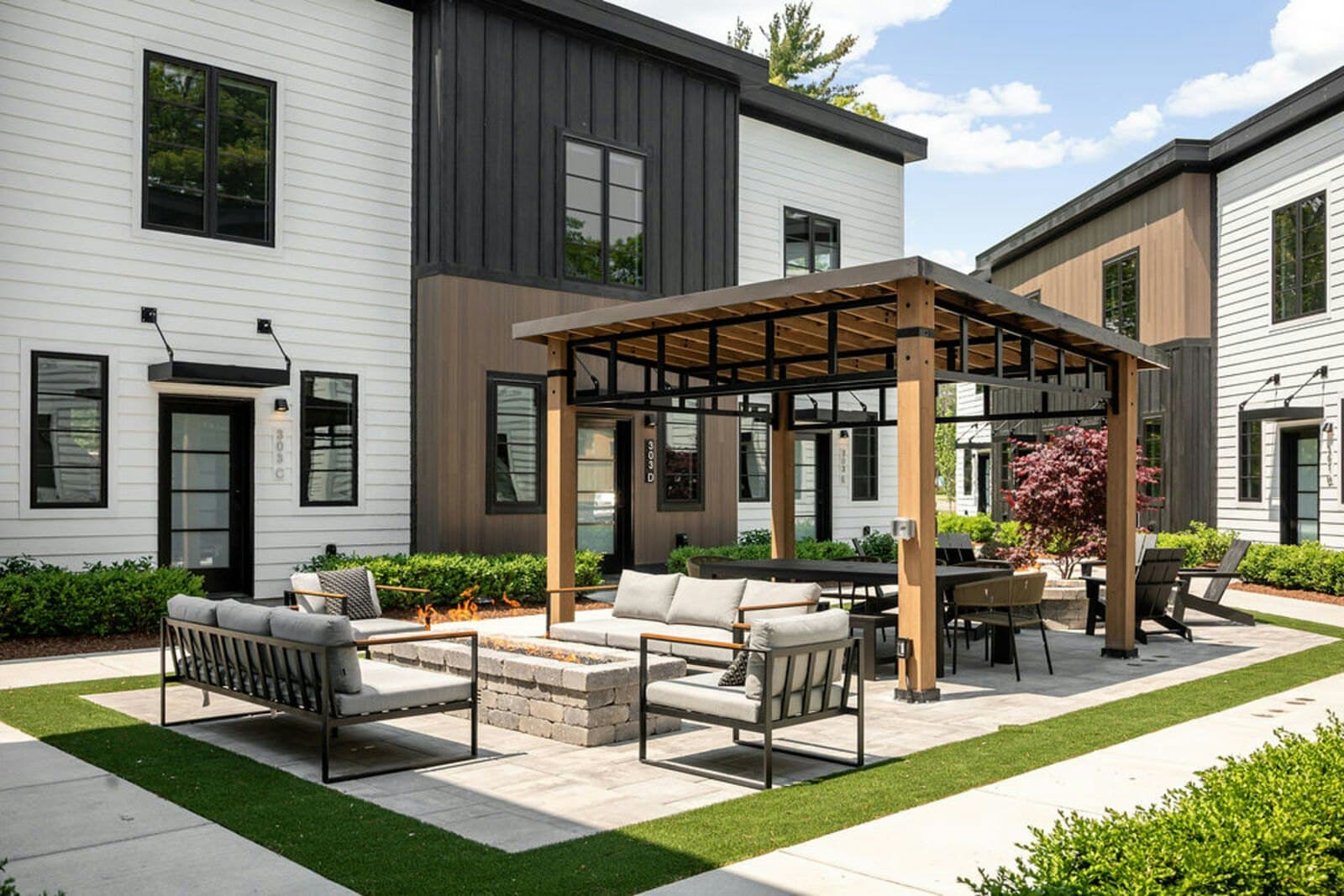 Courtyard pavilion, lounge seating, and fire pits