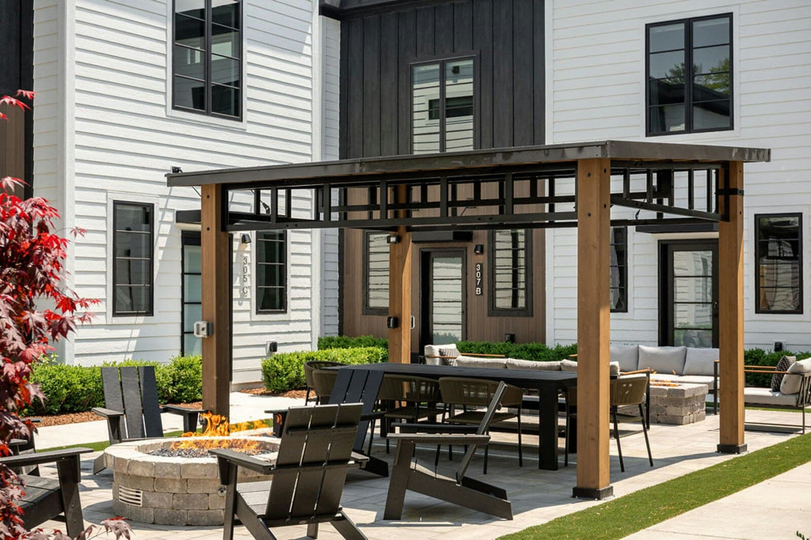 Pergola dining and circular fire pit